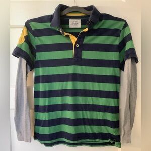 Mini Boden classic navy & green stripe polo shirt, #8, layered grey long sleeve